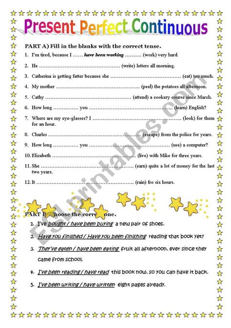 Present Perfect Continuous Tense Worksheet